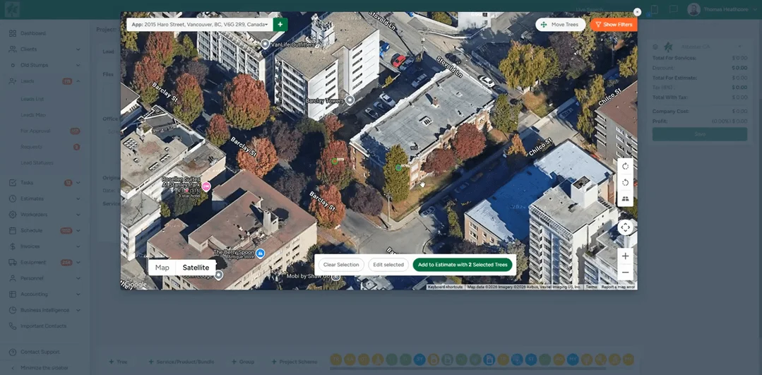 ArboStar tree mapping: satellite view of a property with every tagged tree pinned