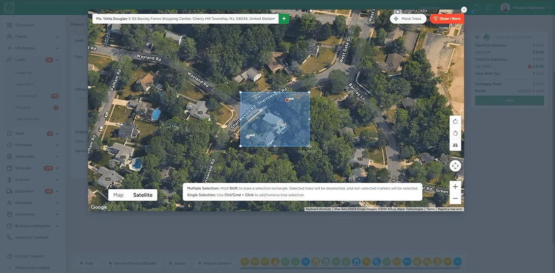 Selecting the trees within a property boundary for a job