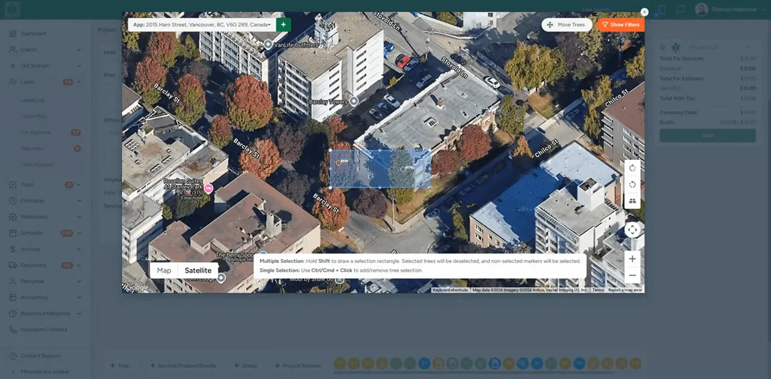 Drawing a selection box to multi-select trees directly on the map