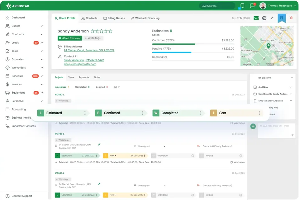 ArboStar client profile: estimates, jobs and their status in one record